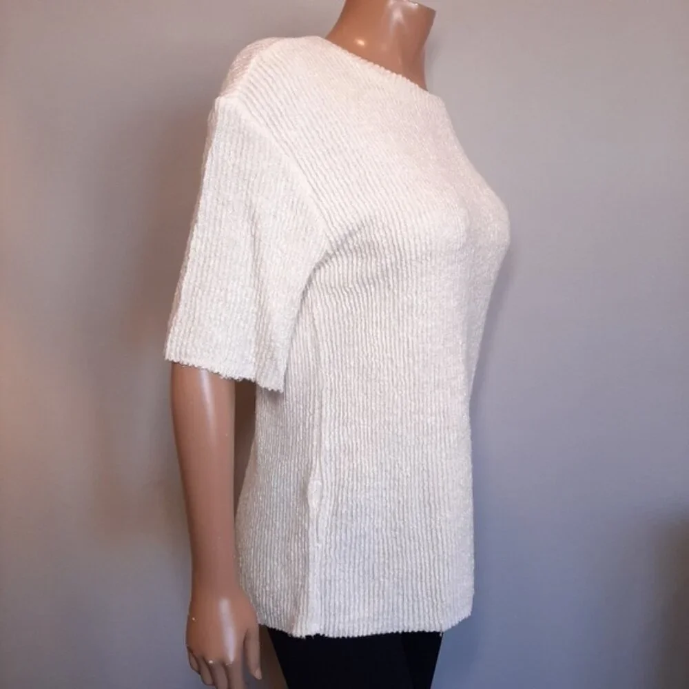 NEW Zara Oversized Ribbed Knit Short Sleeve Sweater Raw Hem Slouched Ivory - Picture 5 of 13